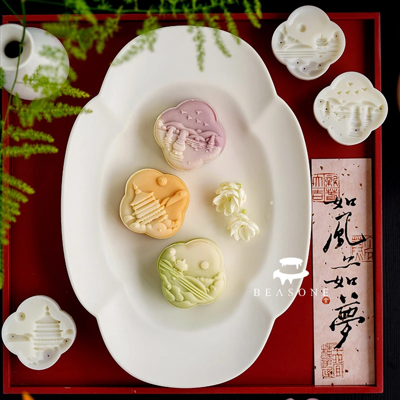 新中式国潮50g 75g映像西湖冰皮流心广式月饼模具