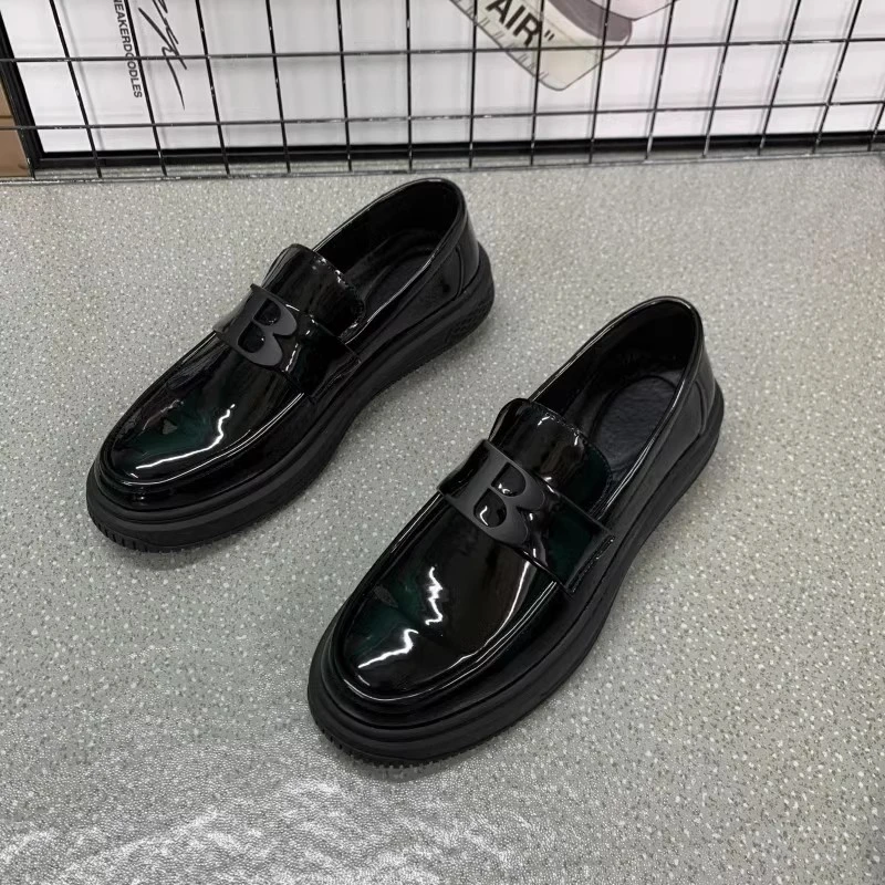 漆皮豆豆鞋男真皮休闲皮鞋厚底男士2023新款亮面一脚蹬乐福鞋男黑