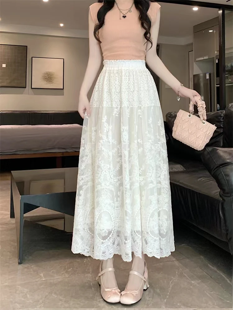 新中式国风蕾丝半裙2024春季新款女装高腰气质纯色半身裙长裙G25