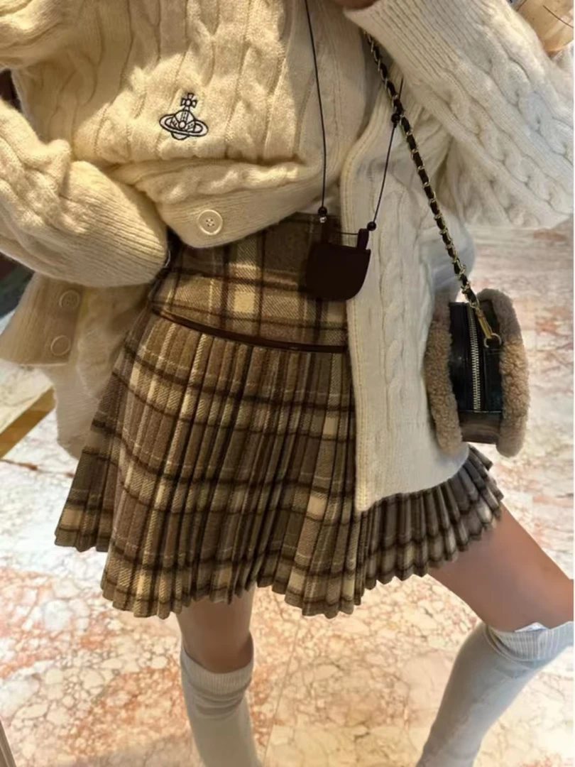 复古红色格子毛呢百褶裙半身裙女秋冬半高腰A字短防走光裙子G133