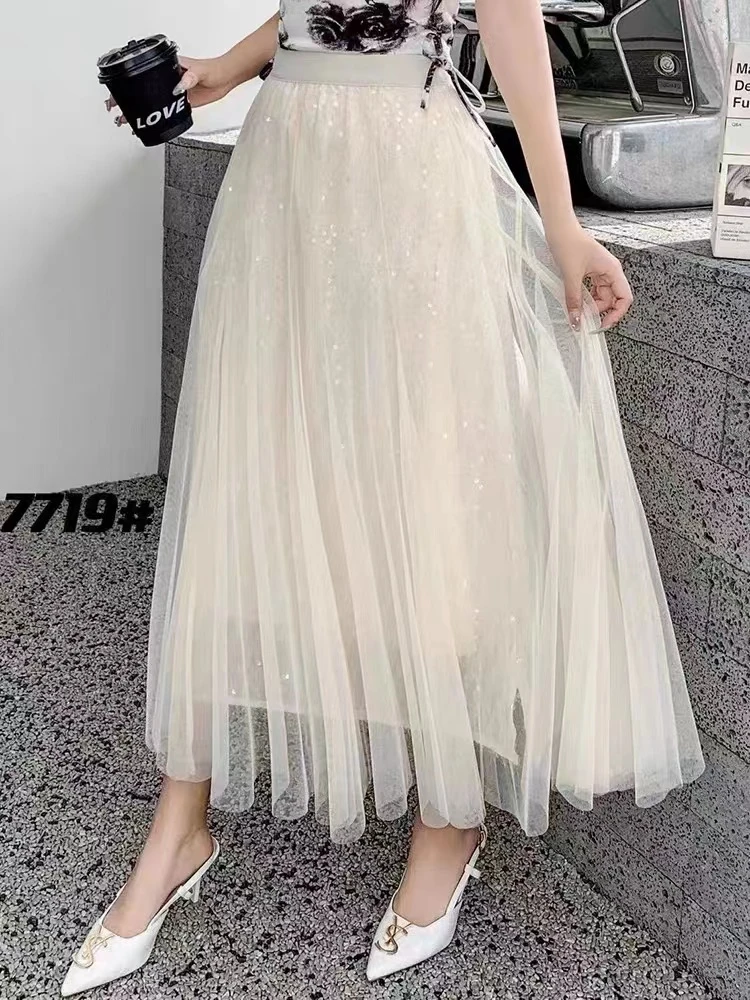春夏松紧腰内衬亮片设计感显瘦百搭中长款网纱仙女a字半身裙 G30