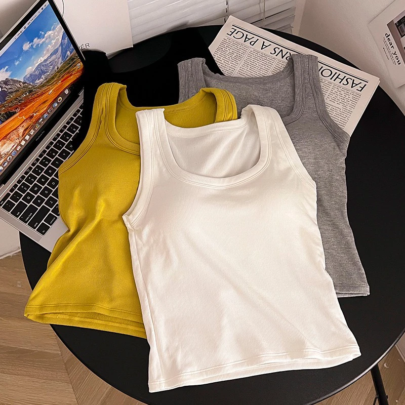 400磨毛修身款背心女纯色无袖螺纹内搭胸罩一体米蓝暖暖背心