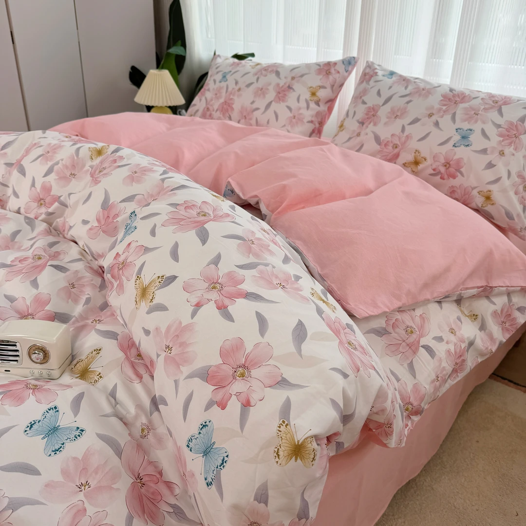 【幻蝶】100%全棉斜纹棉四件套印花小清新纯棉棉被罩单人三件套