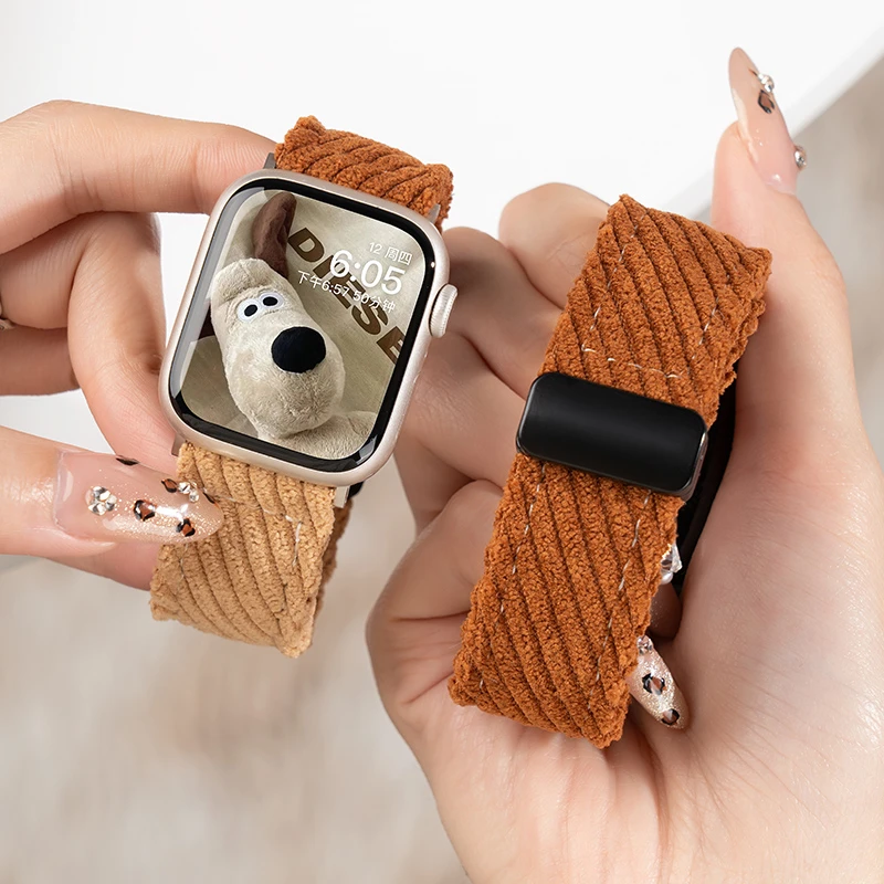 适用苹果S10手表iwatch9/8/7表带applewatch秋冬创意灯芯绒表带女