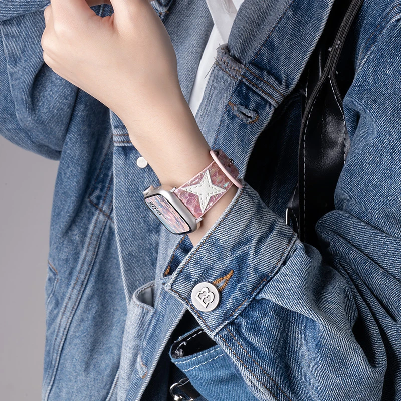 适用苹果S9手表iwatch表带新款星星拼接蛇纹高级时尚夏女款透气皮