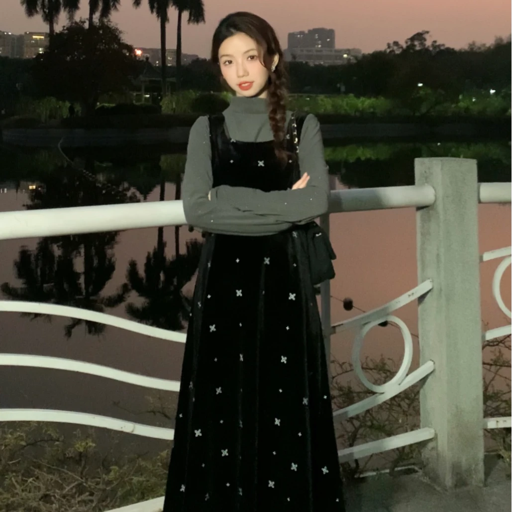 慕兔长袖针织衫收腰甜美连衣裙两件套女2024年春季新款时尚套装