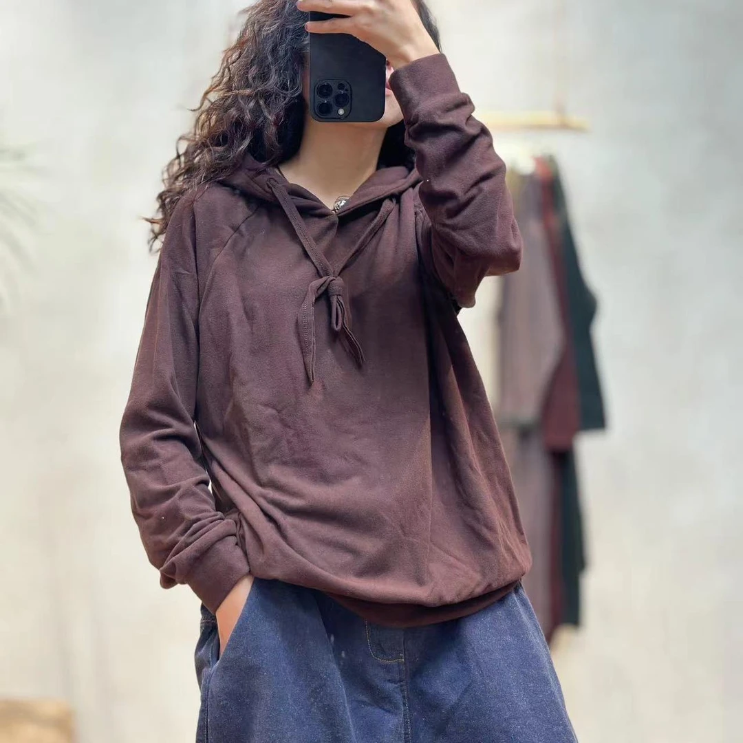 忆古朴拙221001秋新款文艺休闲百搭戴帽长袖纯色纯棉卫衣