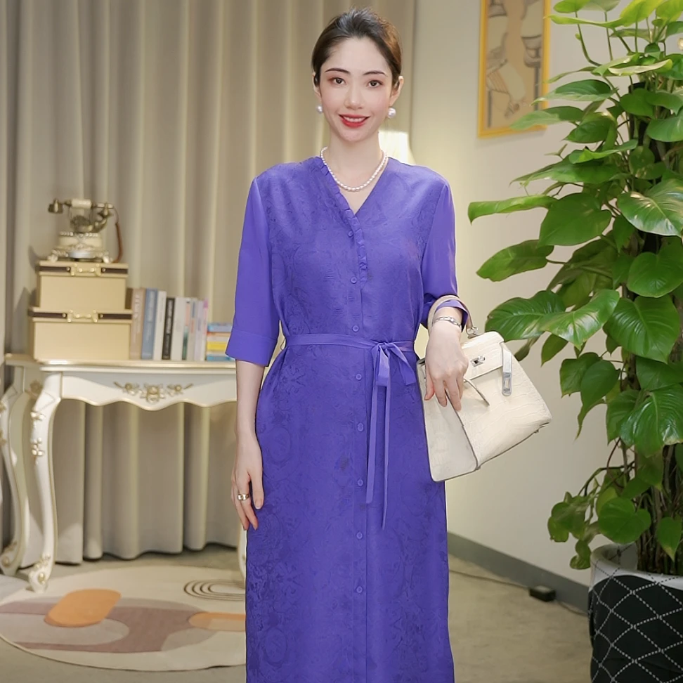 【萱萱】2023新款轻奢时尚气质显瘦高端桑蚕丝原创连衣裙 SL23151