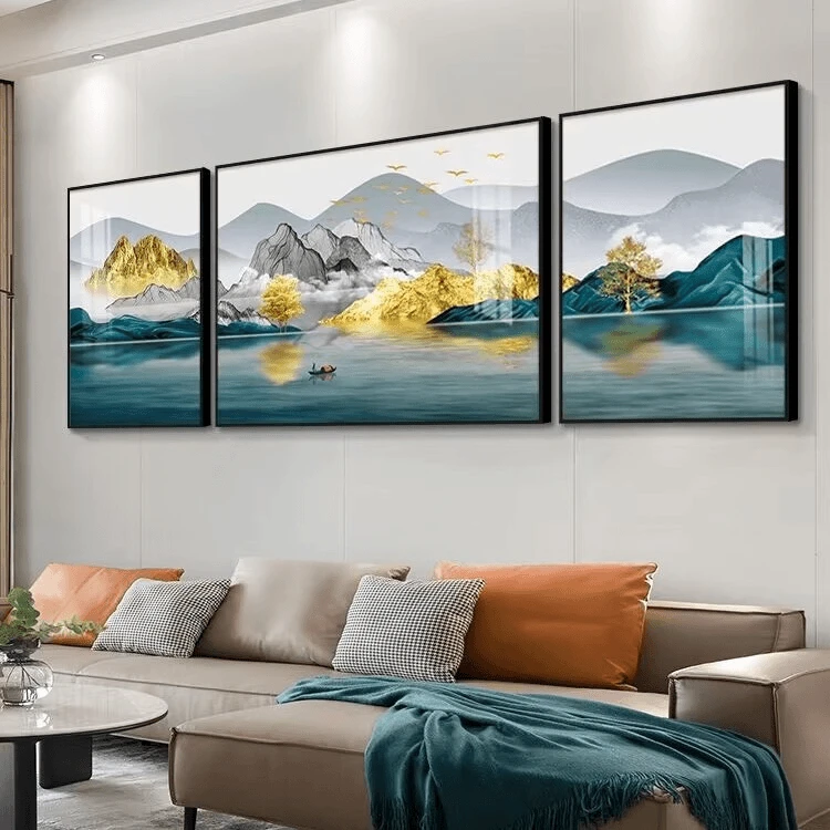 x富水金山青山绿水晶瓷镶钻轻奢风格艺术现代客厅晶瓷画墙壁挂画