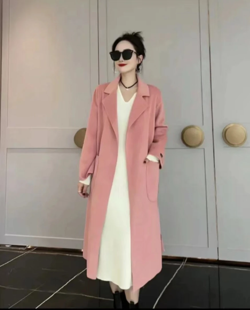 新款时尚气质双面毛呢大衣秋冬长款2024长长款系带腰带新款外套