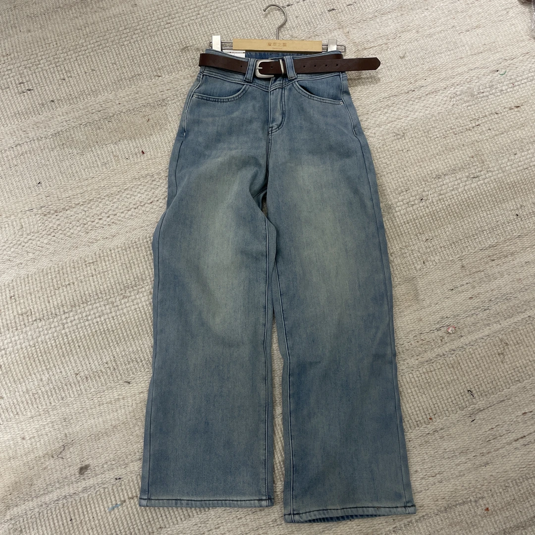 【红人上新】2024冬季新款牛仔裤女显瘦显高复合绒阔腿高腰直筒裤