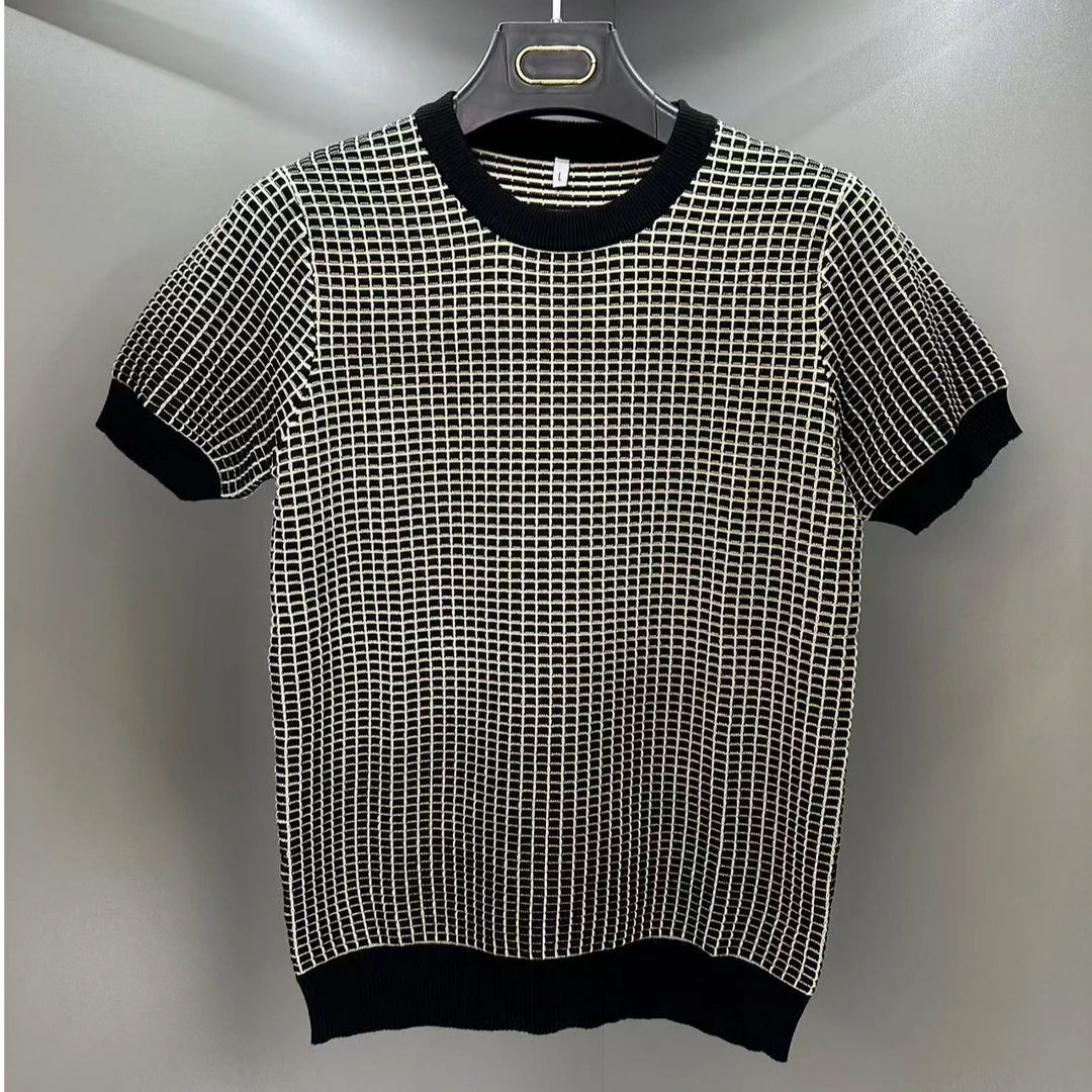 冬季针织毛衣短袖男士弹力修身圆领打底衫千鸟格