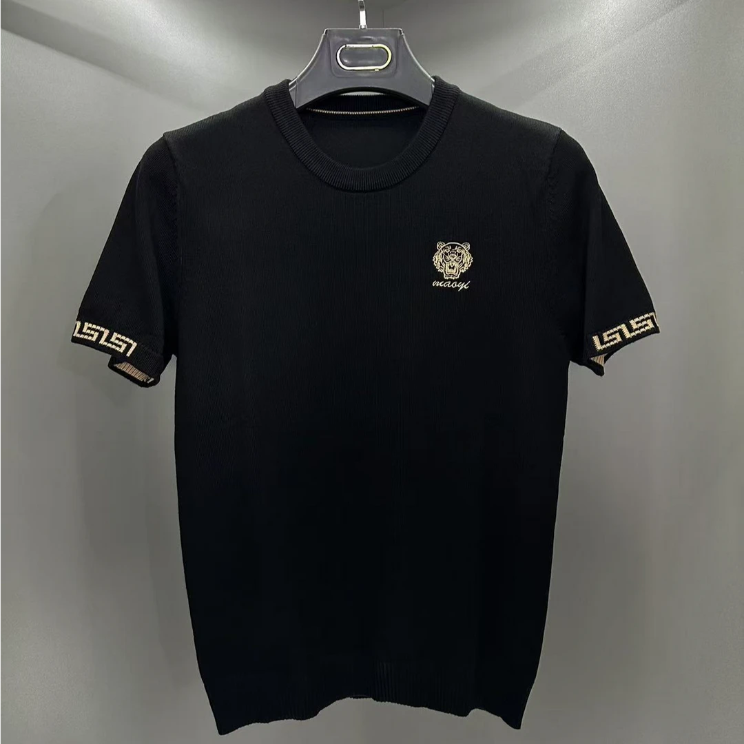 冬季刺绣老虎春秋针织短袖男士圆领修身打底毛衣短袖刺绣老虎