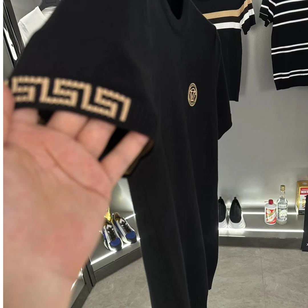 冬季针织短袖男士圆领重工刺绣高奢修身时尚百搭