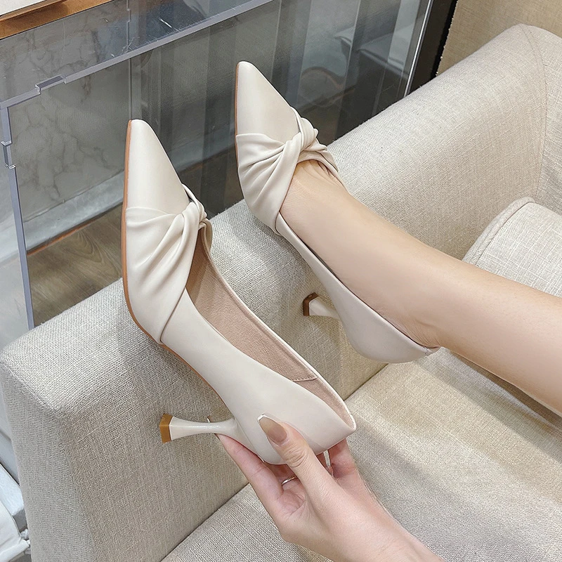 白色法式尖头不累脚职业黑色女式小个子5厘米裸色细跟包头高跟鞋