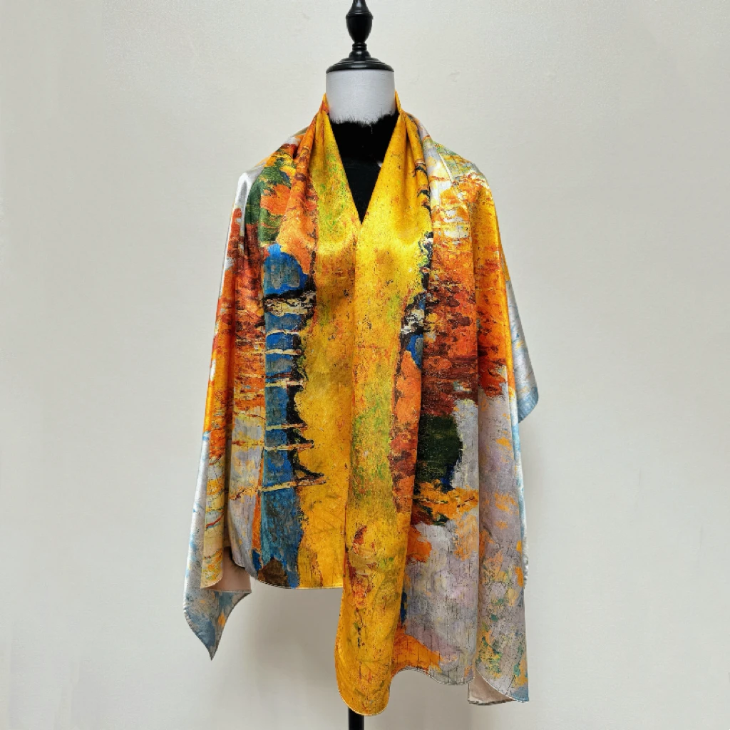 新款杭州丝绸仿真丝长款丝巾披肩女百搭春秋油画围巾妈妈款