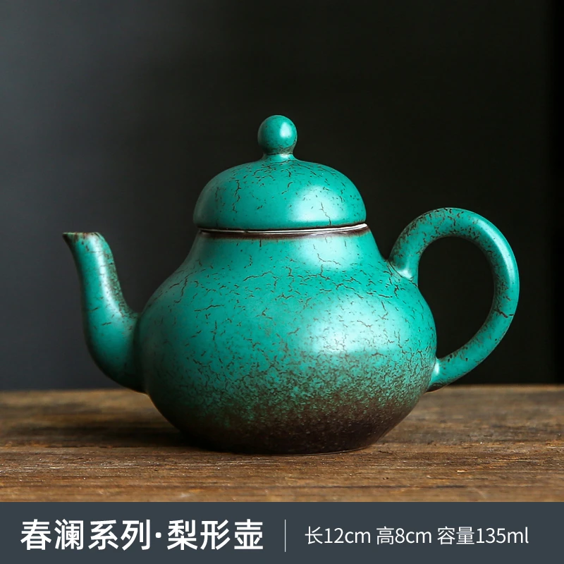 粗陶绿釉家用茶壶 复古风陶瓷功夫茶具泡茶器中式小号单壶侧把壶