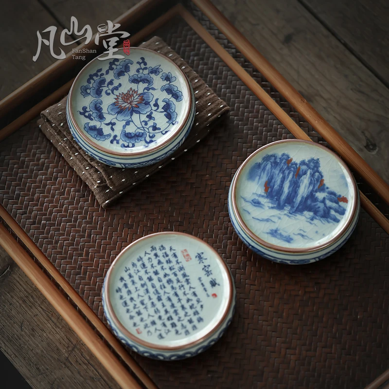 爆款景德陶瓷盖置釉下青花盖托功夫茶具配件禅意杯垫摆件复古茶托