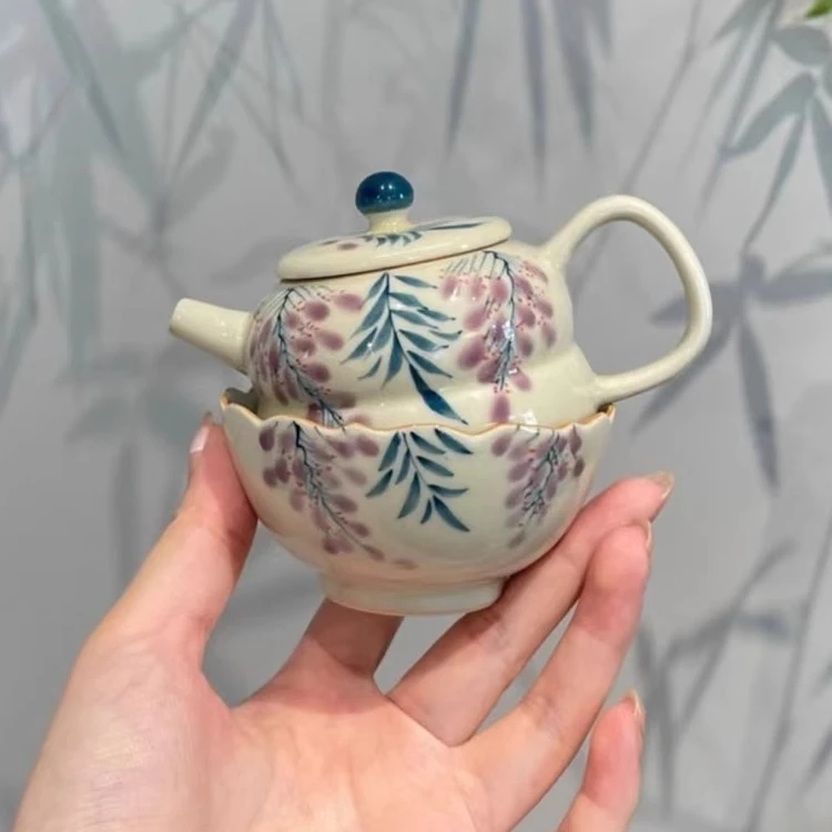 凡山堂草木灰釉下茶壶手绘紫藤花茶具 花边主人杯 精致泡茶器茶杯