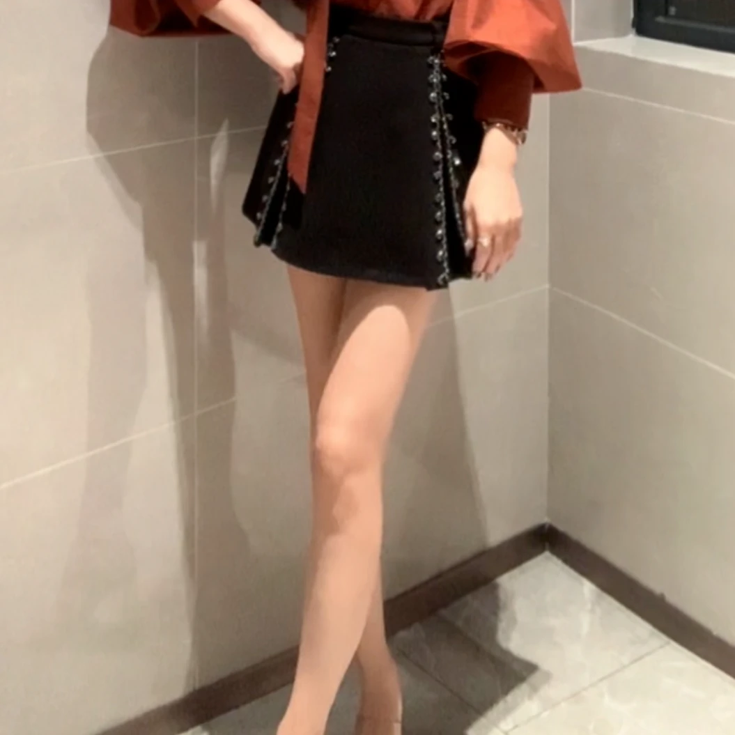 【DAN DAN】小开叉带钻呢子短裙