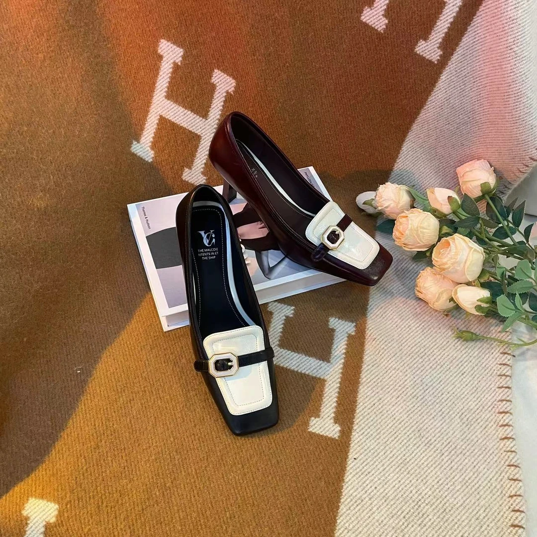 Van Gerch真皮气质百搭法式粗跟高跟方头低跟方扣黑色跟鞋买1赠3