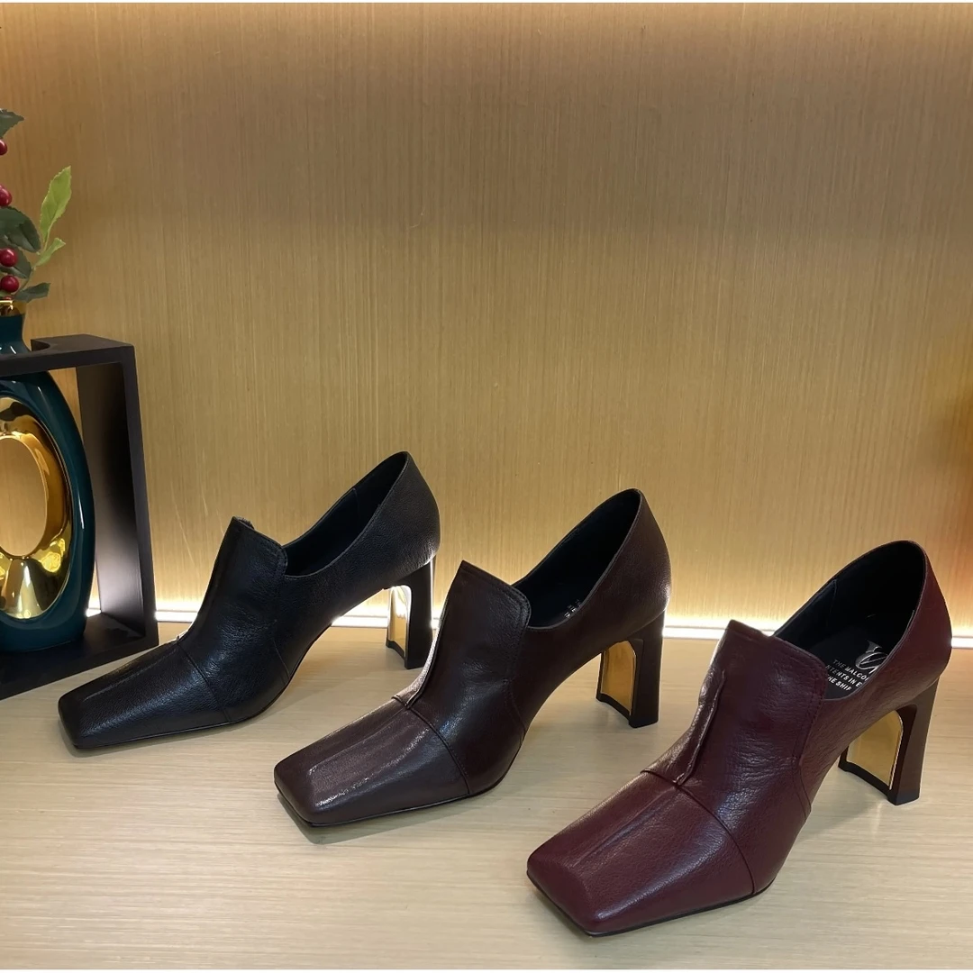 Van Gerch全羊皮6CM气质舒适时尚百搭女士黑色细跟粗跟买1赠3