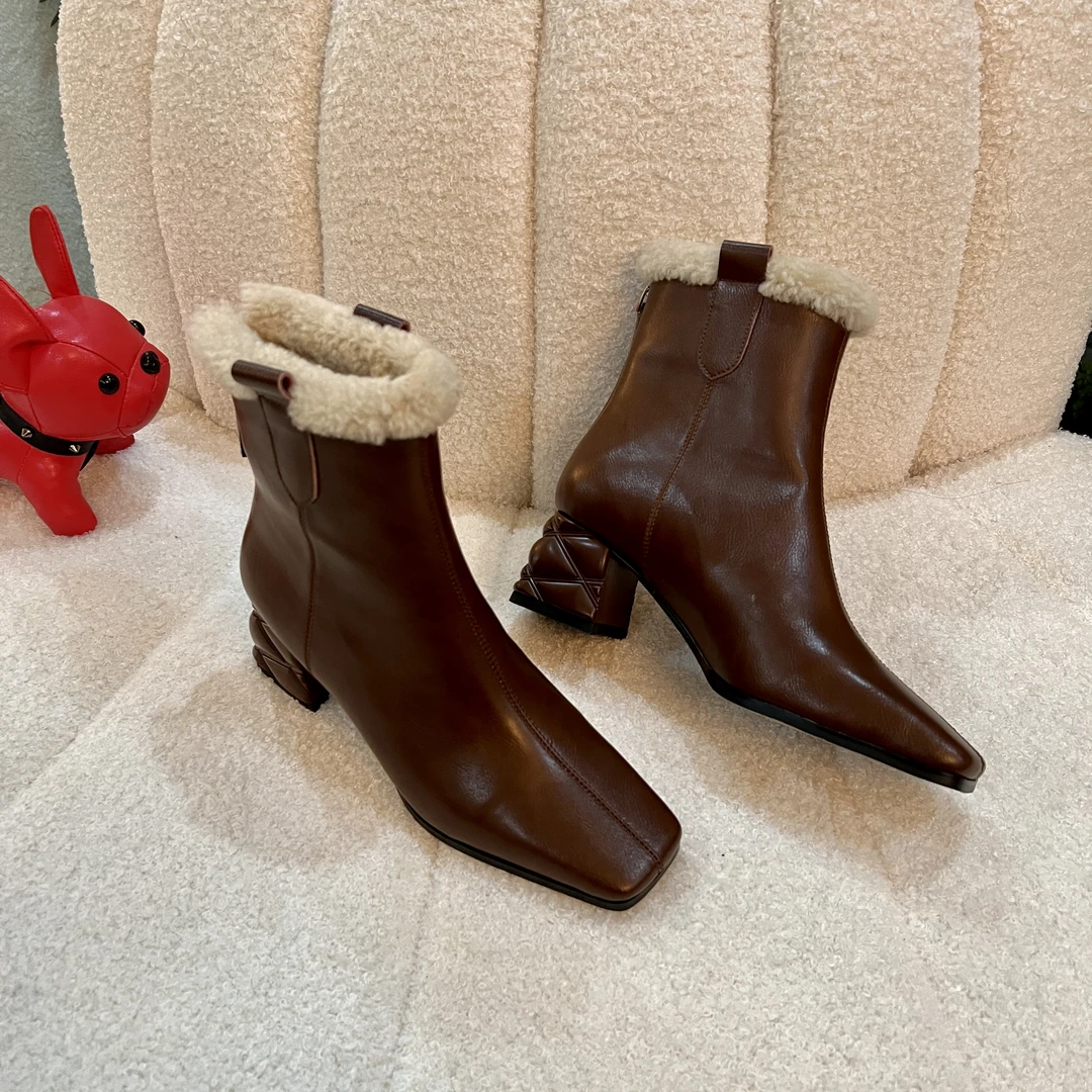 范戈希【跟高5cm】复古气质时尚秋冬l中跟冬方头简约粗跟短靴百搭女