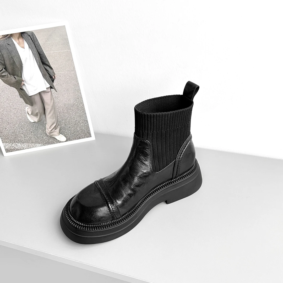 【现货】SY1593/4cm牛皮厚底弹力袜靴女秋冬百搭加绒粗跟中跟网红