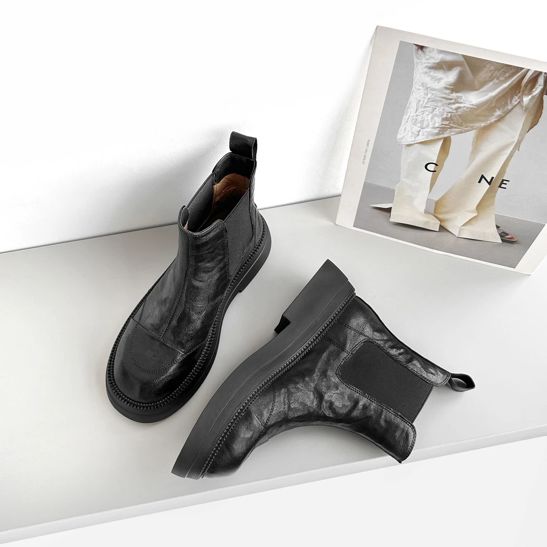 【少量现货】4cm/SY1569牛皮增高厚底切尔西靴女秋冬加绒百搭短靴