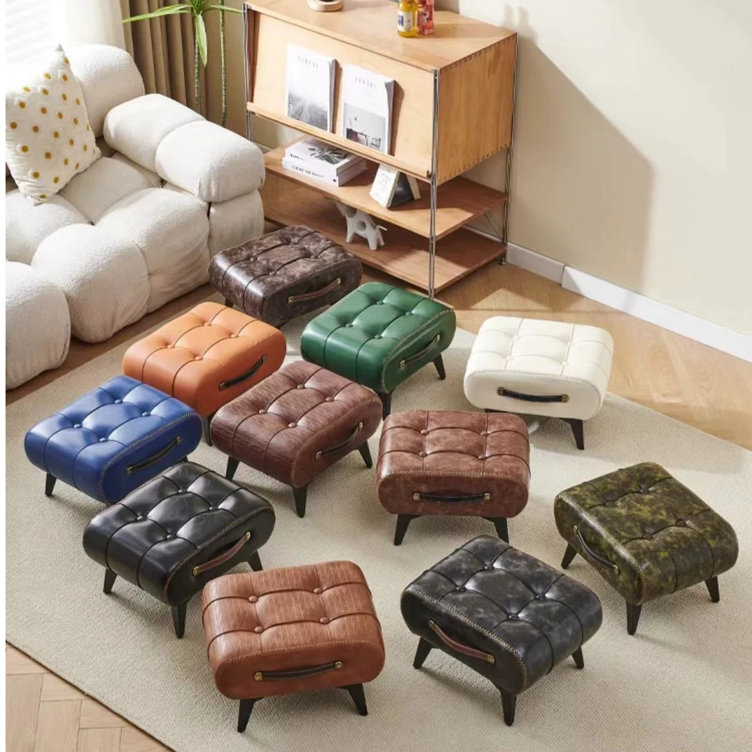 换鞋凳客厅茶几小矮凳子家用复古沙发脚踏凳油蜡皮家用手提凳