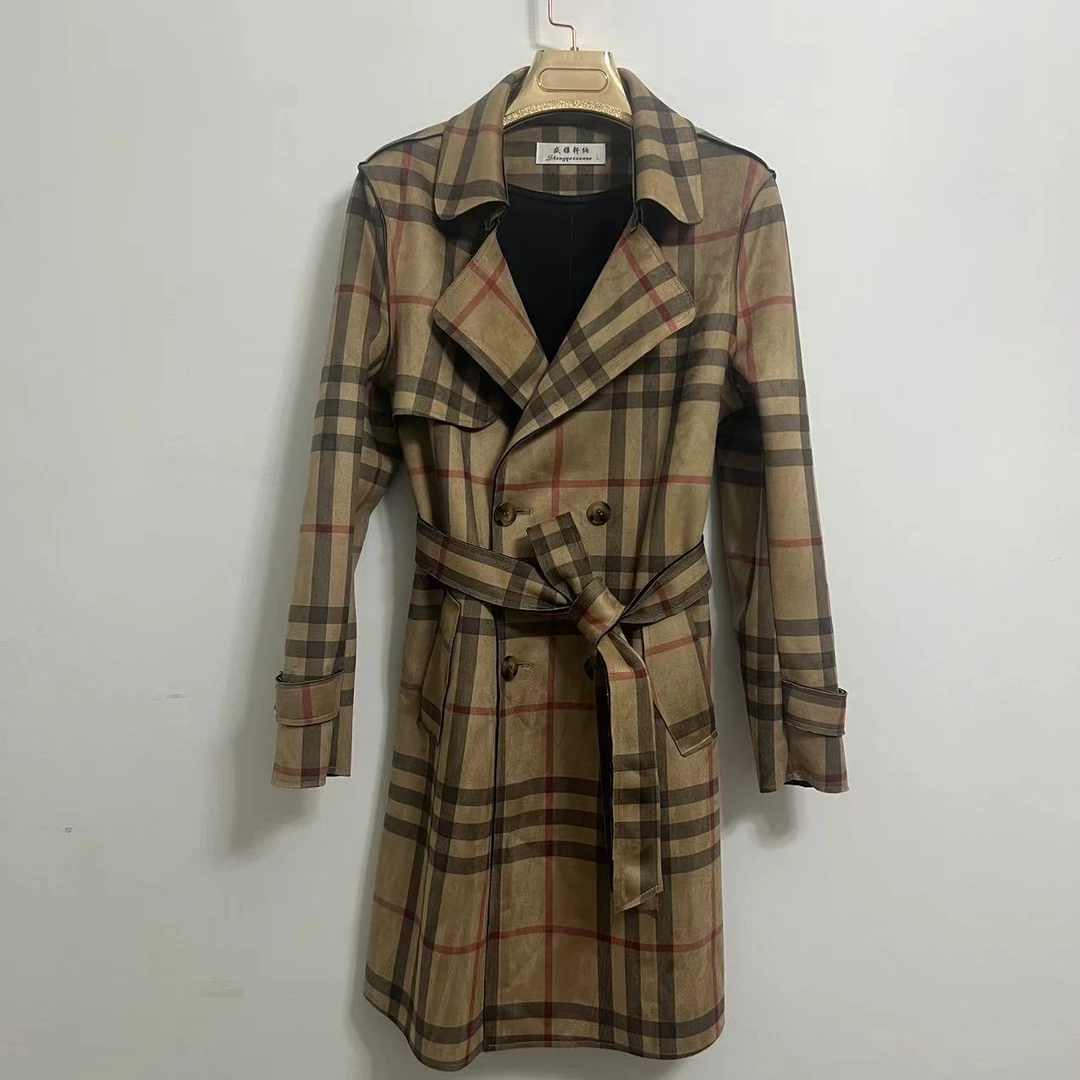 鹿皮绒时尚格子气质风衣女士中长款