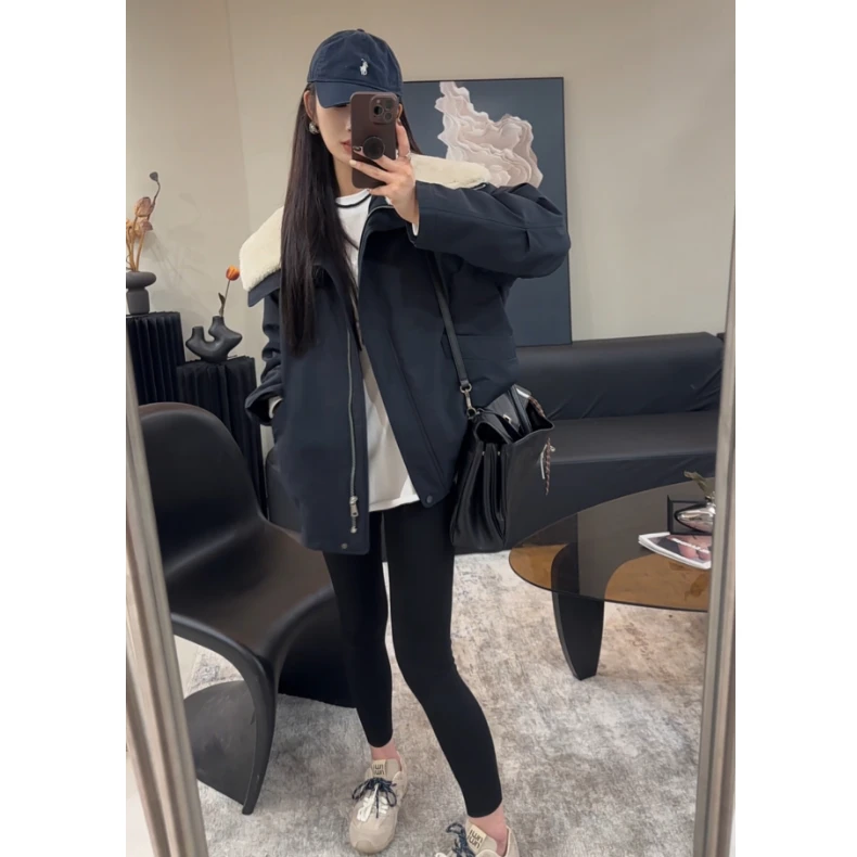 9098时尚宽松休闲大方领撞色休闲棉服外套女