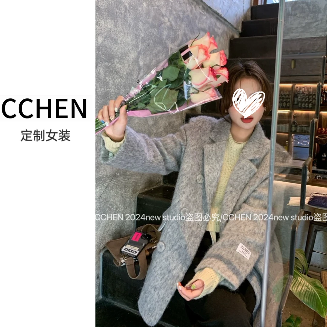 CCHEN 浅灰色毛呢西装外套夹棉加厚长毛韩系呢子大衣