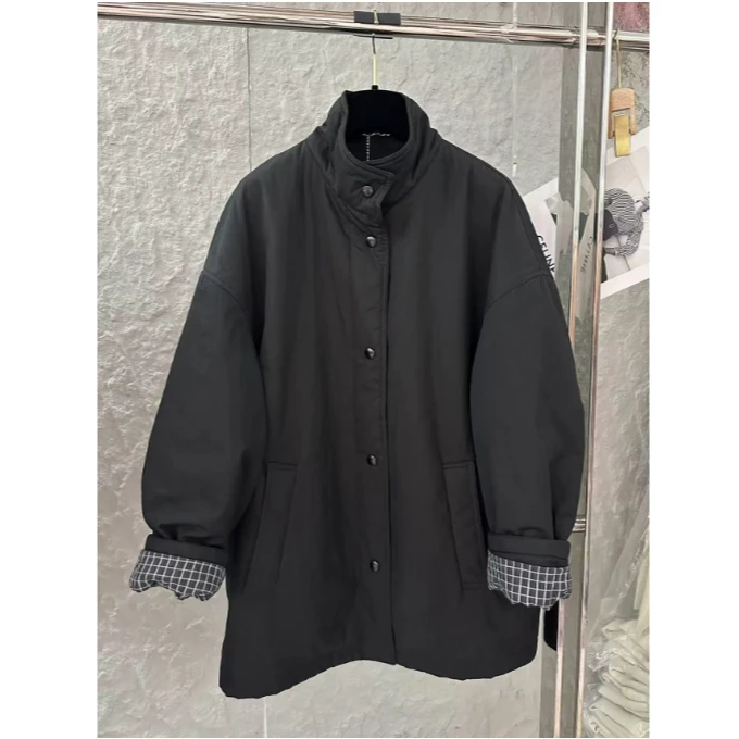 高端欧货秋冬季新款宽松休闲立领单排扣棉服外套格子拼接大衣女