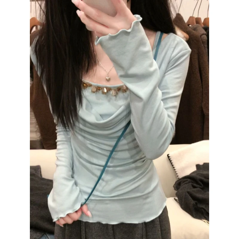 法式气质假两件亮片吊带长袖t恤女秋冬荡领设计抽褶别致绝美上衣
