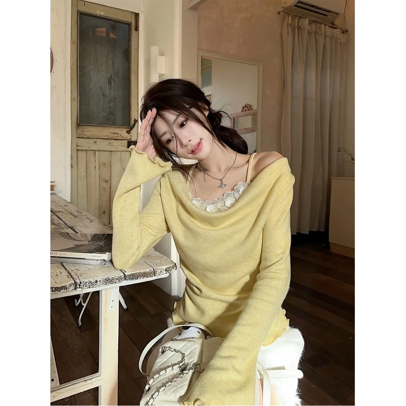 纯欲风荡领黄色针织衫女装冬季设计感假两件立体花朵内搭长袖上衣