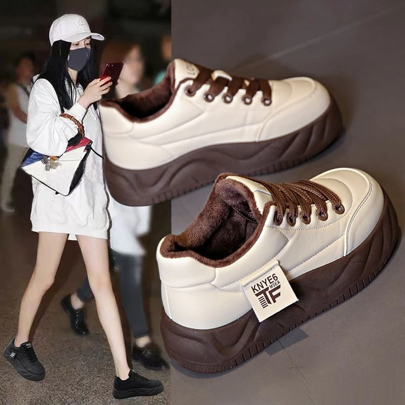 秋冬新款加绒厚底面包鞋女2023冬季新款百搭软皮休闲鞋加棉保暖HT