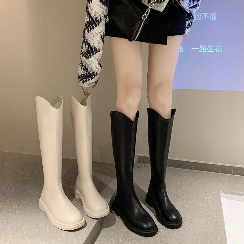 步步高升长筒靴女2023新款春秋显瘦百搭骑士靴平底高筒靴子V口
