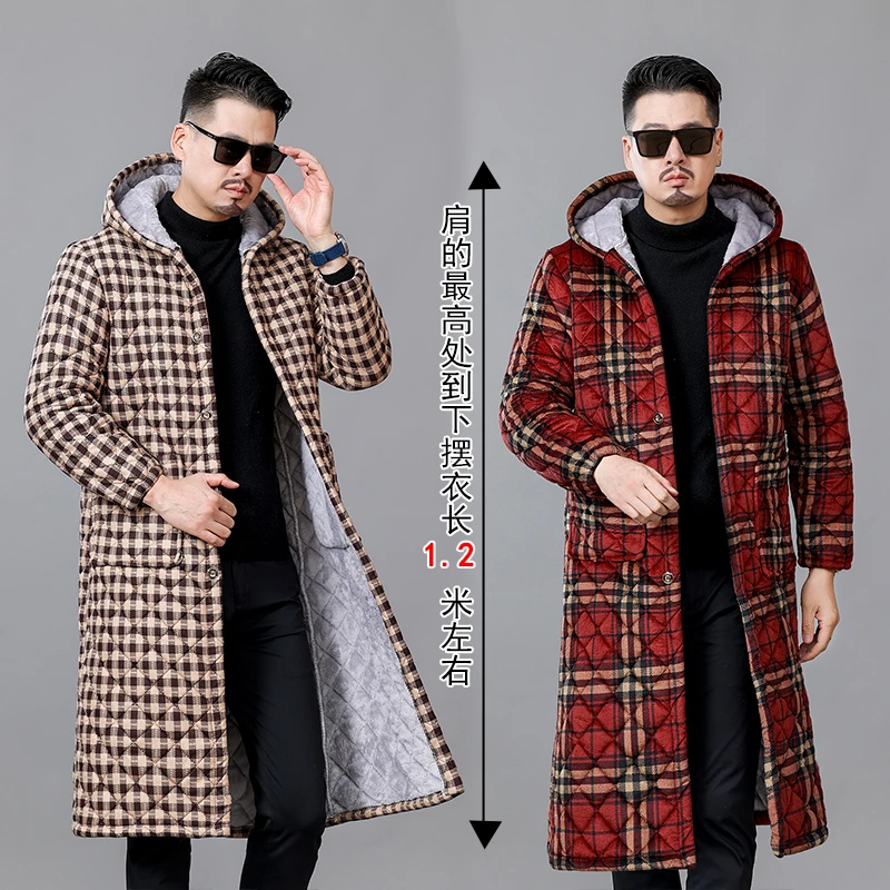 冬季保暖格子棉服外套男围裙加长过膝款加厚罩衣工作服居家服外穿