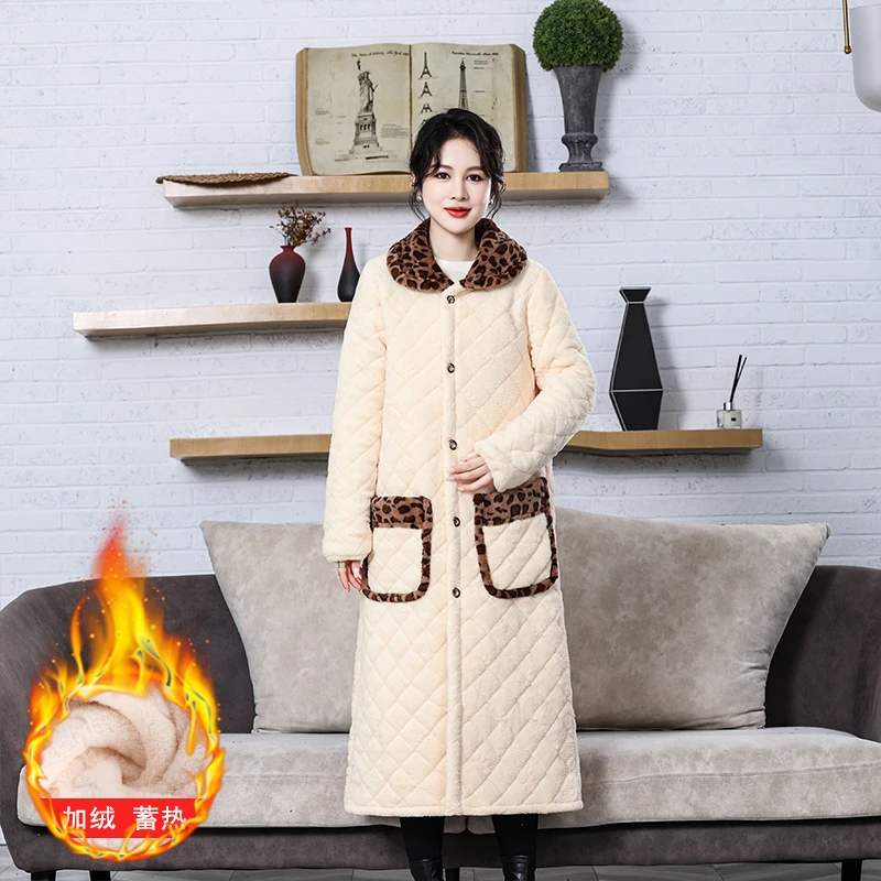 过膝盖棉罩衣冬季保暖加厚款减龄家居服三层加绒加长款棉衣女外套