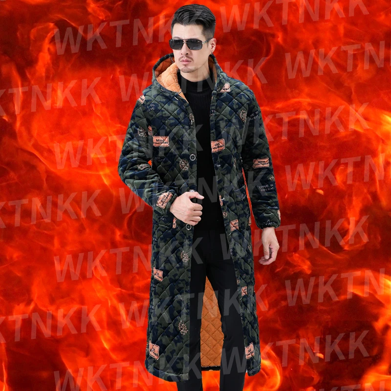 罩衣加长款过膝男款棉衣加绒加厚大褂宽松冬季保暖棉服迷彩工作服