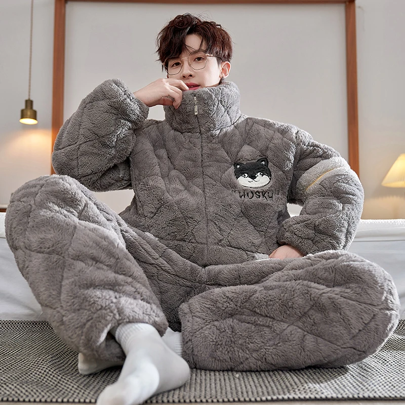 bejirog/北极绒立领时尚加厚睡衣珊瑚绒三层夹棉中大学生宿舍保暖