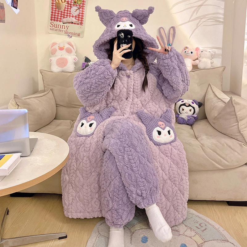 bejirog/北极绒卡通可外穿少女冬季珊瑚绒三层夹棉居家睡袍两件套