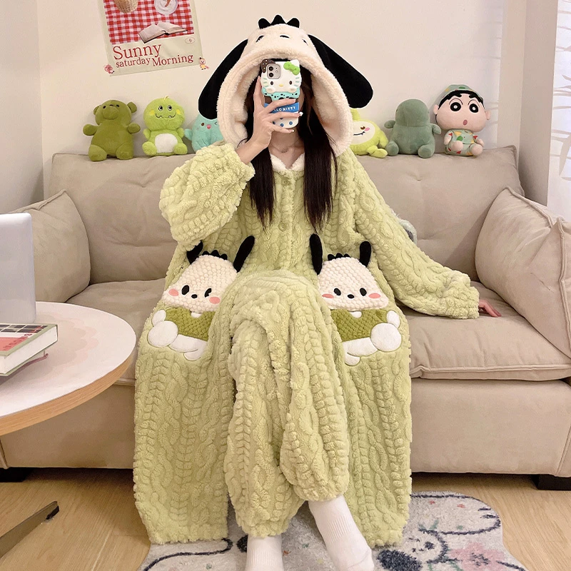 bejirog/北极绒洋气卡通款珊瑚绒女士睡袍秋冬季少女保暖睡衣套装