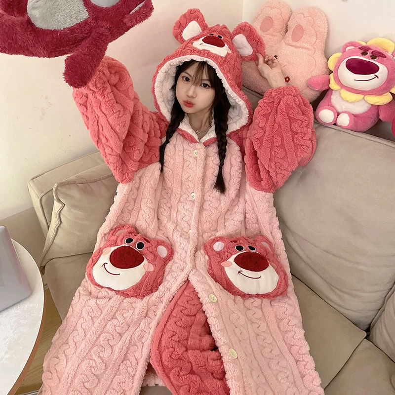 bejirog/北极绒卡通可爱风少女秋冬季珊瑚绒长袖连帽居家睡袍套装
