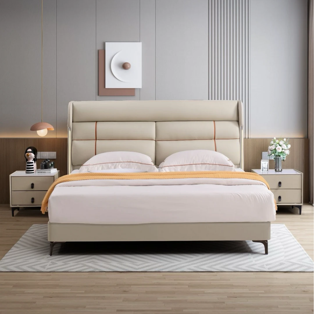 致简格调-实木框架生态真皮软体床（新疆包邮）