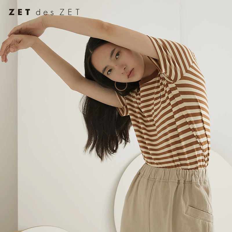 ZET des ZET2022夏条纹短袖上衣女chic原宿港风圆领百搭t恤193214