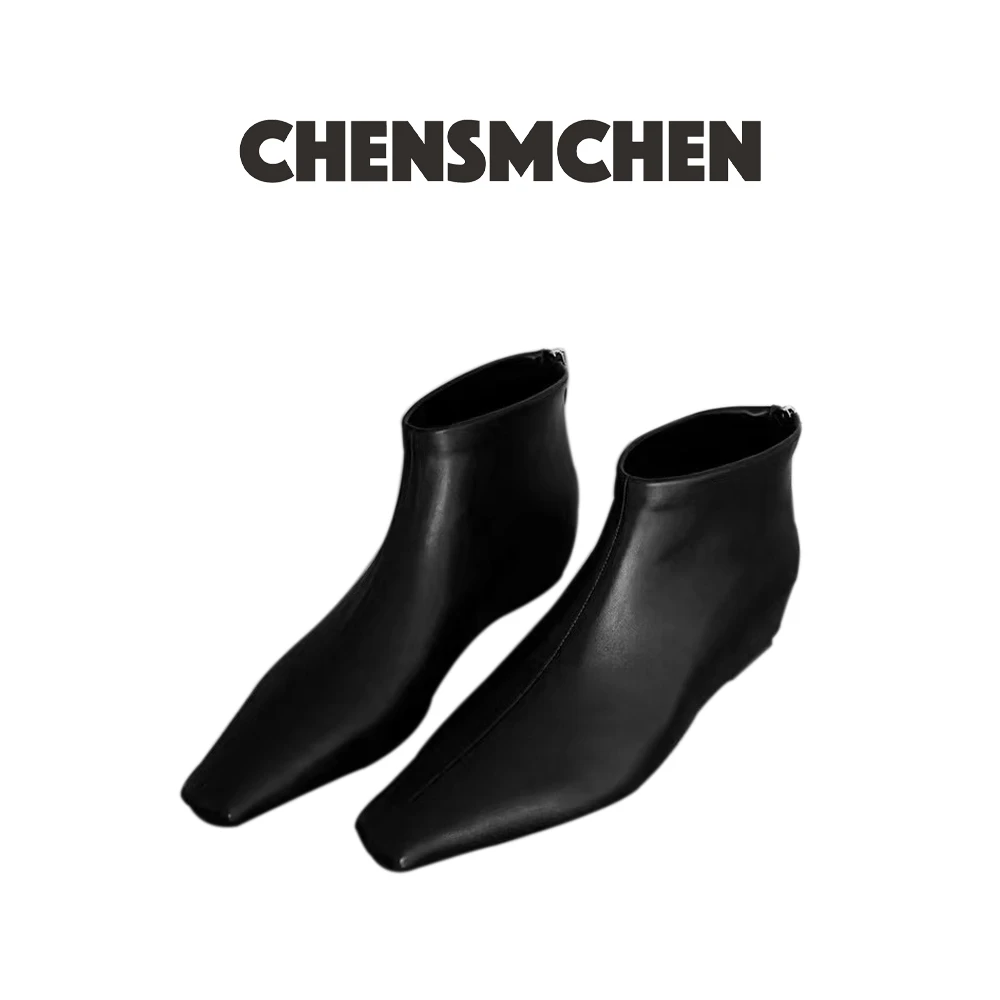 CHENSMCHEN 方头切尔西靴坡跟短靴内增高踝靴