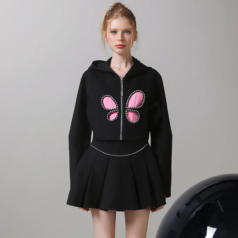 茬客甜酷黑色卫衣套装裙镂空连帽上衣高腰百褶裙两件套CM700335AB