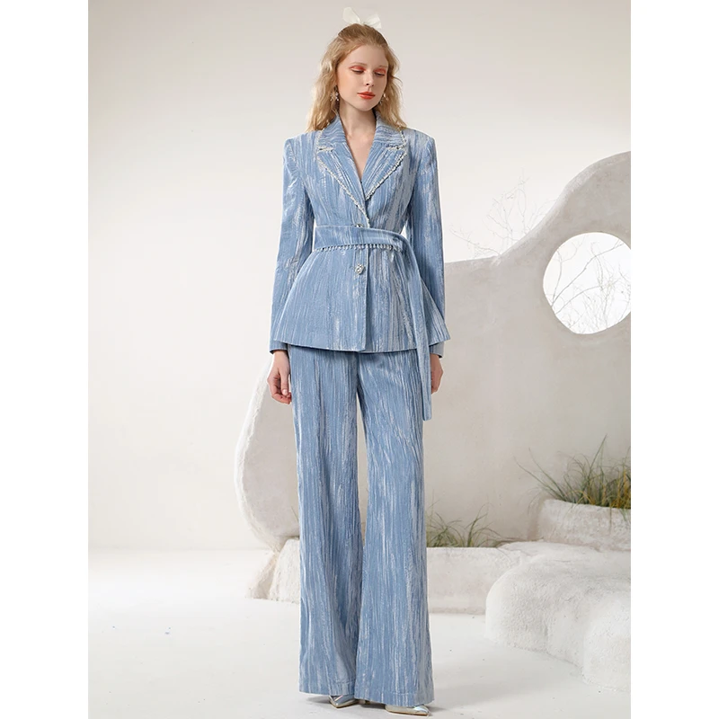 茬客新御姐丝绒西装套装条纹重工珠链西服外套高腰长裤CM10279AB